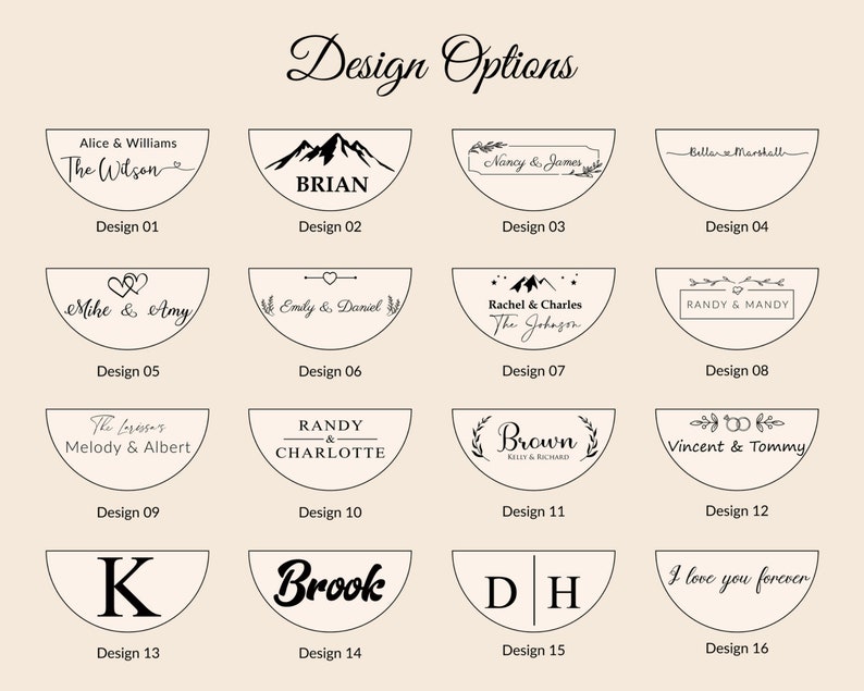 May include: A graphic showing 16 different design options for a personalized wooden bowl. The designs include names, initials, mountains, hearts, and other decorative elements.
