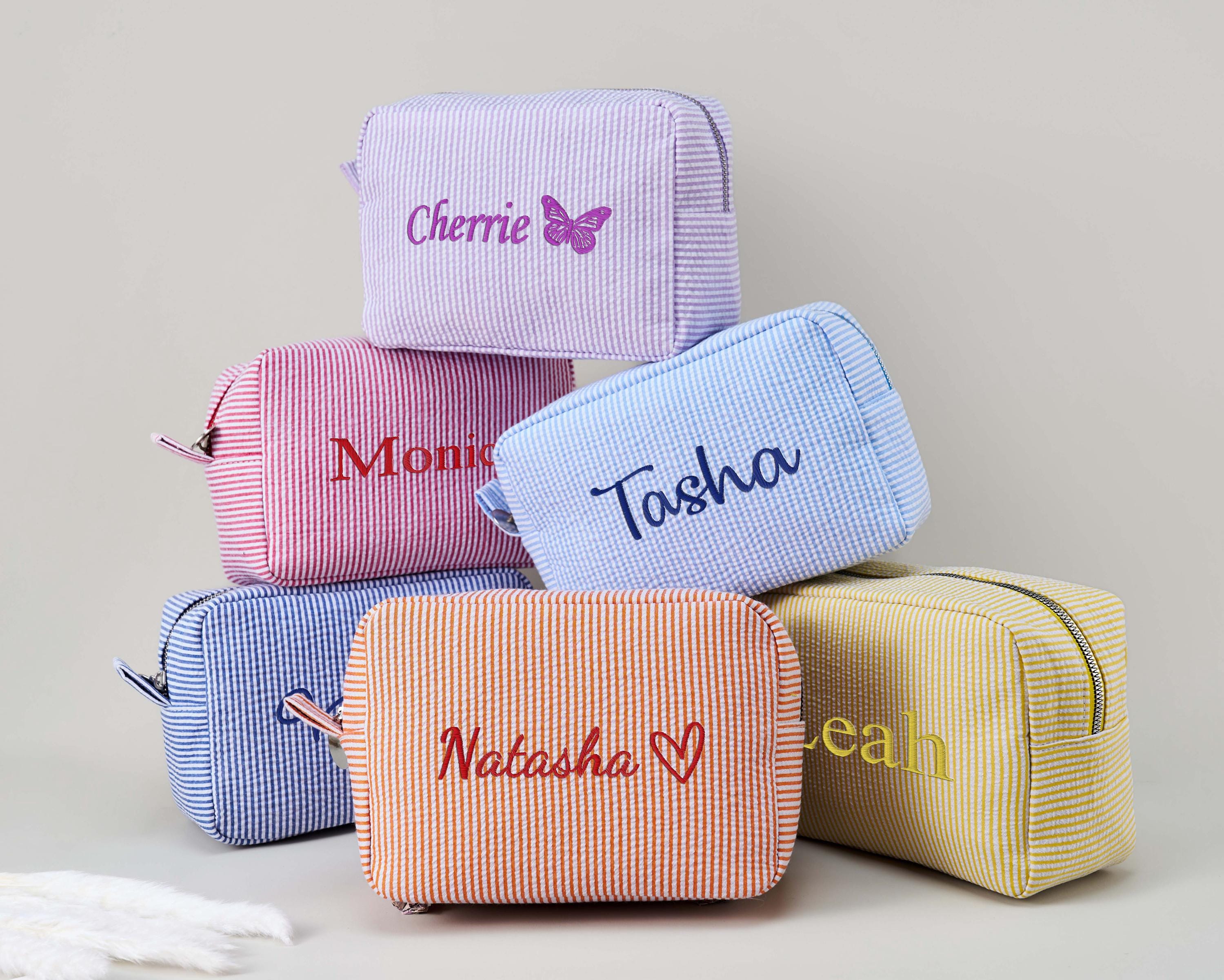 Personalized Embroidered Makeup Bag, Seersucker Cosmetic Bag, Embroidered Cosmetic Bag, Bridesmaid Gifts, Travel Pouch, Wedding Party Gift