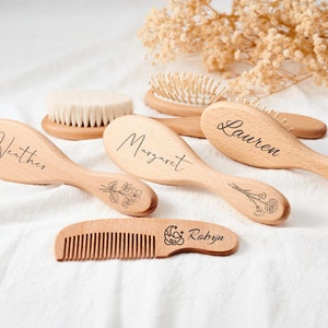 Juego de cepillos de madera personalizados para el pelo de bebé, recuerdo para niña o niño, regalo de cumpleaños personalizado para bebé, cepillo y peine de madera para regalos de recién nacidos