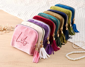 Personalized Bridesmaid Jewelry Pouch, Custom Embroidered Travel Jewelry Bag, Wedding Party Gift, Bridal Proposal Gift for Her