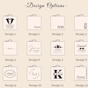 May include: Twelve different designs for personalized flask labels. Each design features a different name, date, and/or title. The designs are in black and white.