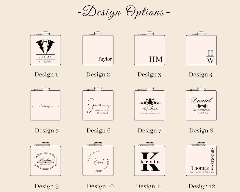 May include: Twelve different designs for personalized flask labels. Each design features a different name, date, and/or title. The designs are in black and white.
