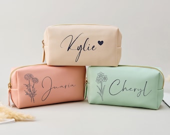 Bolsa de maquillaje de cuero personalizada - Bolsa de cosméticos con monograma personalizado - Regalo para dama de honor - Neceser para el mes de nacimiento - Regalos para la fiesta nupcial