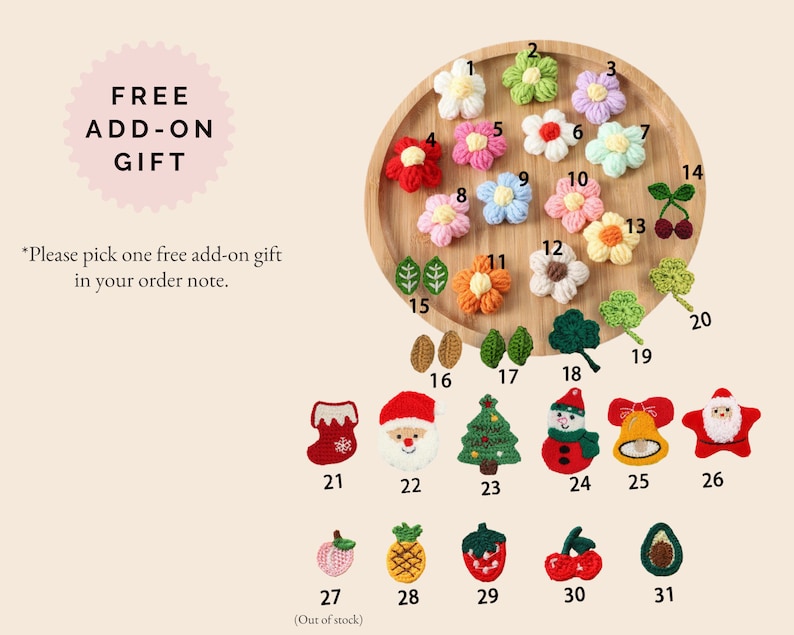 May include: A collection of colorful, crocheted appliques, including flowers, leaves, and holiday-themed designs like a Christmas tree and Santa Claus. The image also includes the text "FREE ADD-ON GIFT".