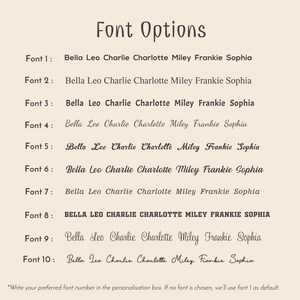 May include: A list of font options for a personalized item. The options are numbered 1 through 10. Each font is shown with the names Bella, Leo, Charlie, Charlotte, Miley, Frankie, and Sophia written in the font. The text "Write your preferred font number in the personalization box. If no font is chosen, we'll use font 1 as default." is at the bottom of the image.