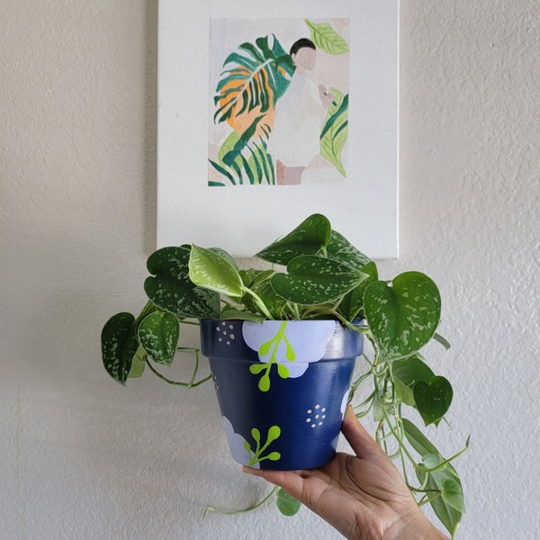 Blue Boho Terracotta Pot | Hand Painted | Indoor and Outdoor Pot with Saucer