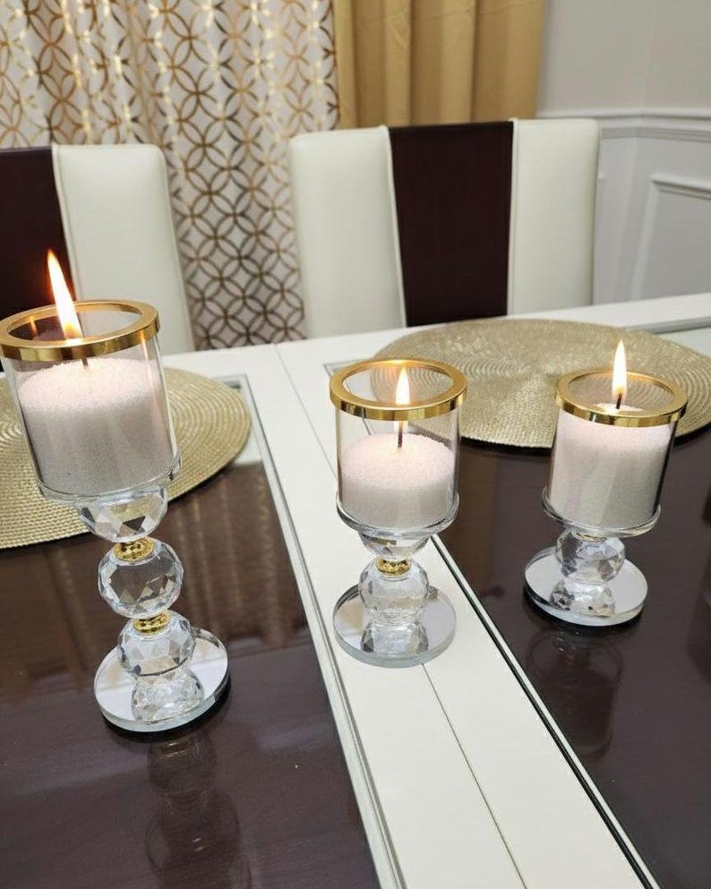 SHIPS FREE!!! Crystal Home Decor | Pillar Candle Holder Set | Glam Decor | Gold Accent Decor | Modern Home Decor | Dining Table Centerpiece image 3