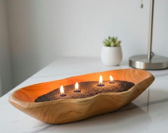 SHIPS FREE!!! Refillable Candle | Wood Dough Bowl | Modern Home Decor Sand Wooden Candle Centerpieces Hand Carved Unqiue Housewarming Gift