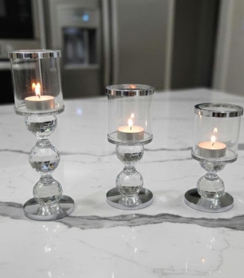 SHIPS FREE!!! Crystal Home Decor | Pillar Candle Holder Set | Glam Decor | Gold Accent Decor | Modern Home Decor | Dining Table Centerpiece image 2