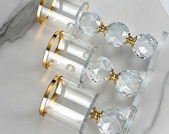 SHIPS FREE!!! Crystal Home Decor | Pillar Candle Holder Set  | Glam Decor | Gold Accent Decor | Modern Home Decor | Dining Table Centerpiece