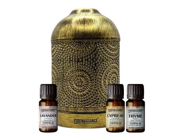 Diffuseur d'huiles essentielles d'aromathérapie Purenaissance, usage domestique-professionnel, avec trois flacons d'huiles essentielles de 10 ml.