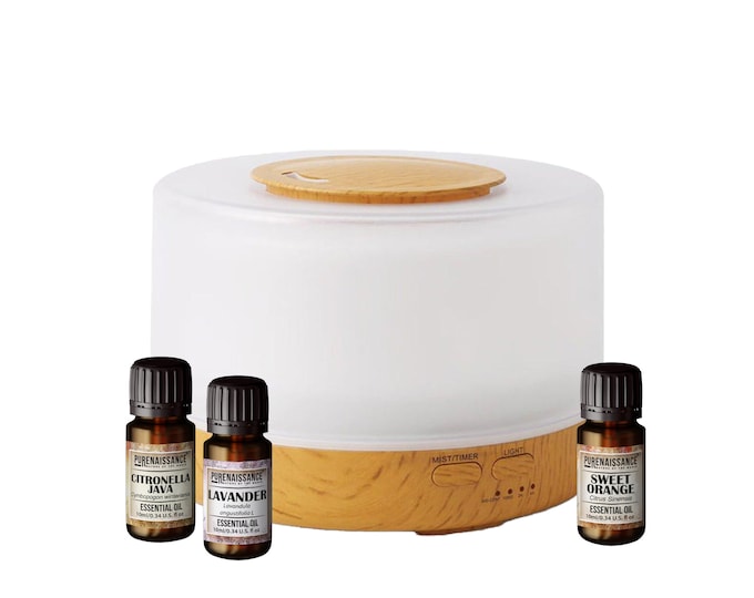 Diffuseur d'huiles essentielles d'aromathérapie Purenaissance, Usage domestique-professionnel, avec trois flacons d'huiles essentielles de 10 ml.