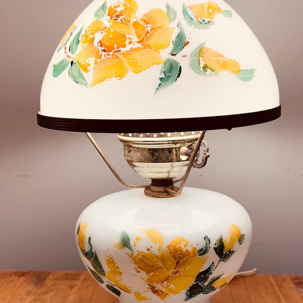 1960s Vintage Gone With The Wind Milk Glass Hand Painted Lamp With Chimney