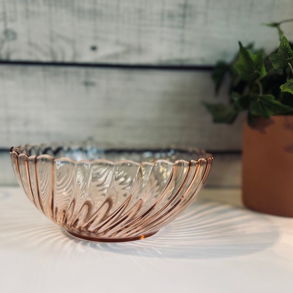 Vintage Arcoroc France Rosaline Blush Pink Swirl Glass Bowl - Serving Bowl