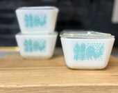Vintage Pyrex Amish Butterprint Turquoise on White Refrigerator Dishes, Set of 3 with Lids, (2)501 s and (1) 502 Fridgies