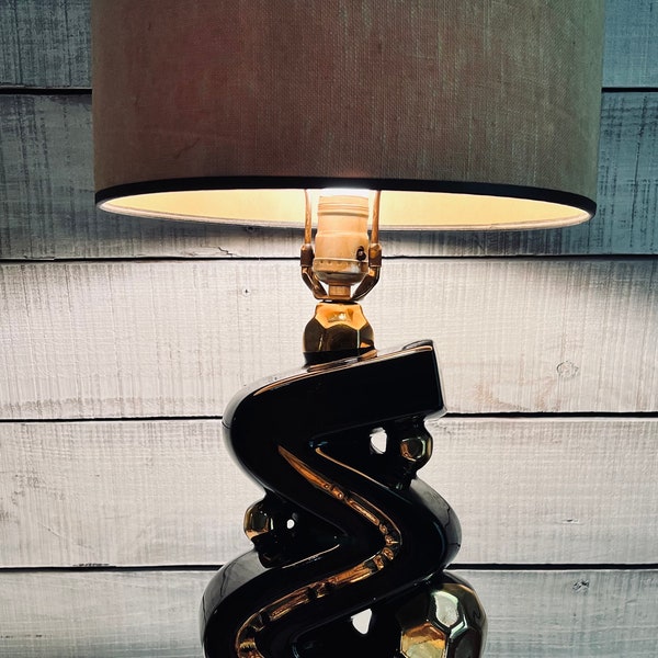 Mid Century Kron Zig Zag Black and Gold Table Lamp / MCM