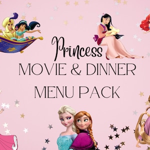 ¡13 tarjetas de noche de cena y película familiar de princesas, con recetas e ideas! ¡DESCARGA INSTANTÁNEA!