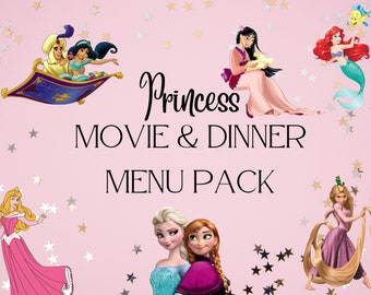 13 Princess Family Movie & Dinner Night Cards, with recipes and ideas! INSTANT DOWNLOAD!