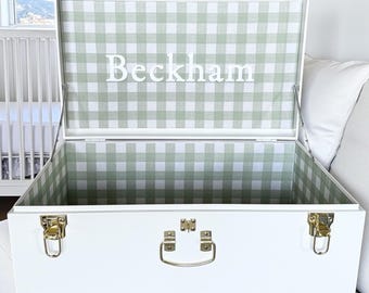 Baby Boy Keepsake Trunk Toy Chest with Name Newborn First Christmas Heirloom Memory Box Personalized Sage Gingham Nursery Decor Green Room