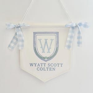 May include: A white banner with a shield design featuring the letter "W" and the names "Wyatt Scott Colten" in blue. The banner is adorned with light blue gingham bows.
