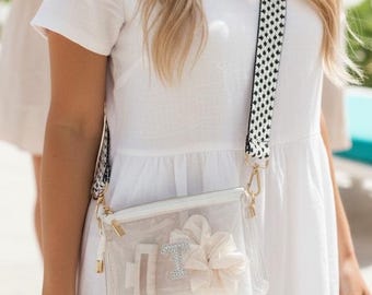 Genomskinlig väska för konsert, axelrem, genomskinlig handväska för stadion, godkänd axelremsväska med remmar för matchdag, personlig genomskinlig väska, present till brudtärna