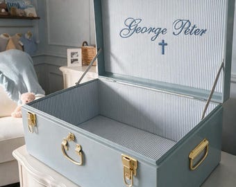 Embroider Trunk Baptism Boy Heirloom Keepsake Godson First Christmas Grandson Chest Baby Shower Newborn Memory Storage Bin Son 1st Birthday