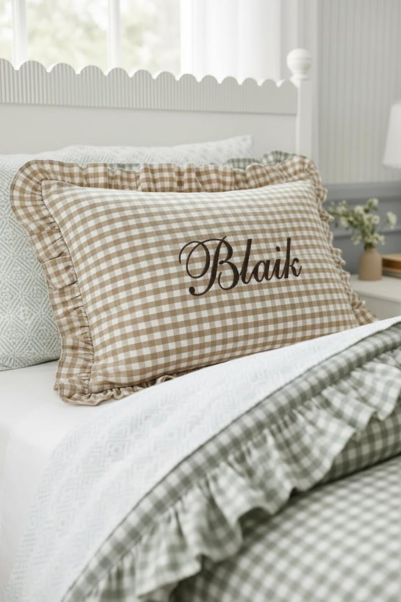 personalized gingham pillow sham custom monogram pillow embroidered initial decor ruffle edge pillow preppy bedroom accessory girls nursery room decor personalized baby girl room tween girl bedroom decor teen room makeover cottagecore home decor Southern style bedroom pillow personalized daughter room gift granddaughter bedroom gift preppy nursery bedding custom name pillow embroidered name sham gingham accent pillow feminine bedroom decor classic nursery accessory birthday gift vintage nursery