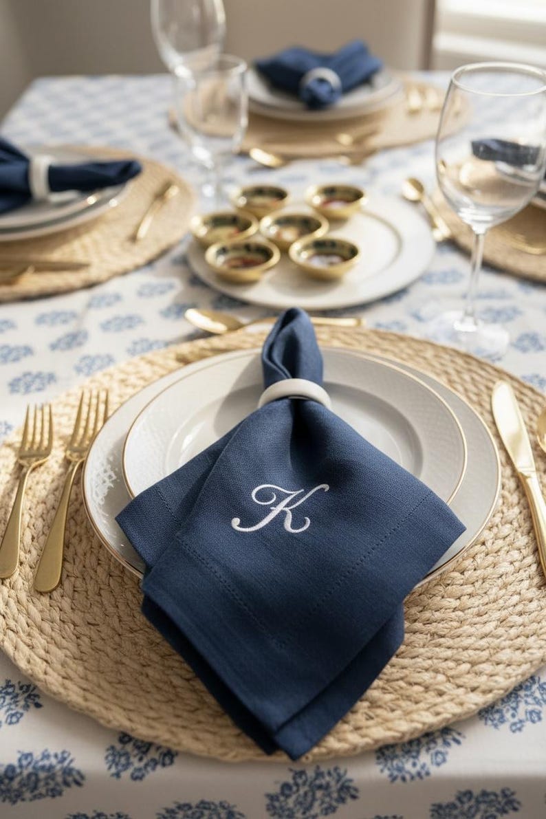 embroidered linen napkin personalized monogram napkin wedding table decor luxury dinner table napkin display custom last name initial napkin embroidered cloth napkin wedding reception tablescape bridal shower table decor baby shower table setting thanksgiving dinner table decor christmas dining table napkins housewarming gift personalized home decor wedding gift newlywed gift rehearsal dinner table display elegant linen napkins hostess gift custom embroidered napkins heirloom table linen luxury