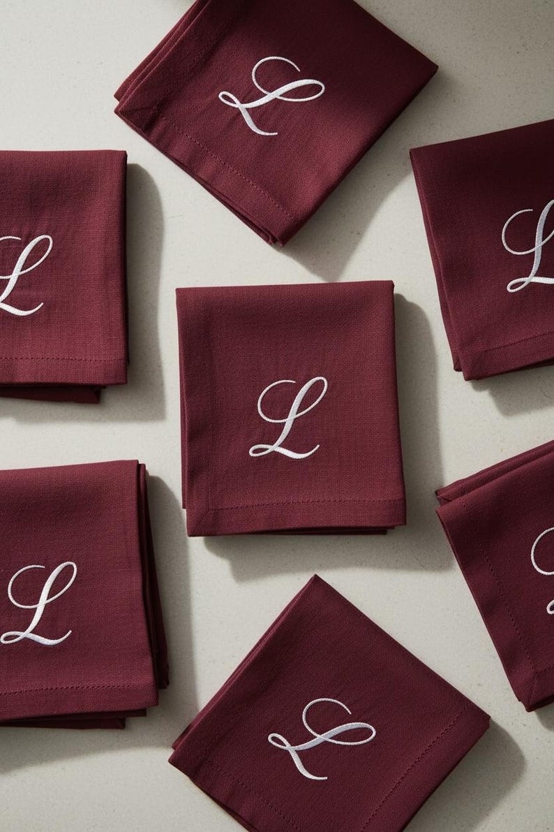 embroidered linen napkin personalized monogram napkin wedding table decor luxury dinner table napkin display custom last name initial napkin embroidered cloth napkin wedding reception tablescape bridal shower table decor baby shower table setting thanksgiving dinner table decor christmas dining table napkins housewarming gift personalized home decor wedding gift newlywed gift rehearsal dinner table display elegant linen napkins hostess gift custom embroidered napkins heirloom table linen luxury