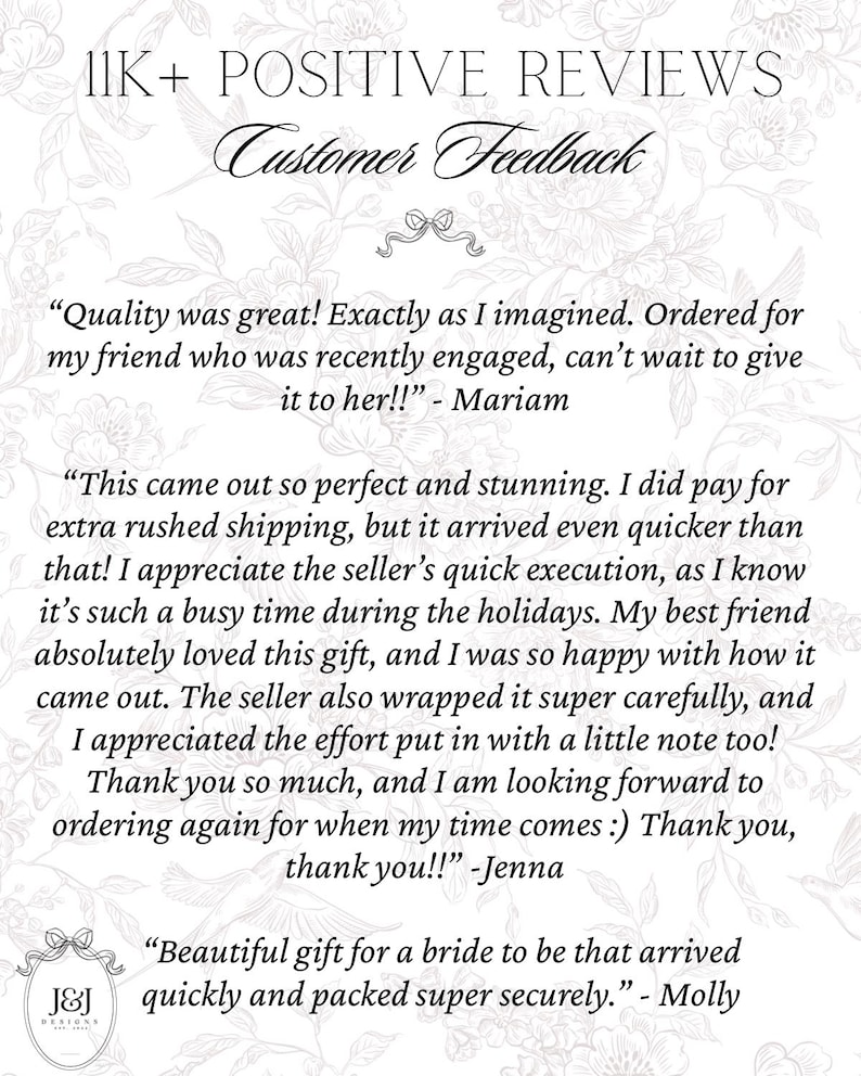 May include: Image features customer feedback with the text "11K+ POSITIVE REVIEWS" and "Customer Feedback". The image includes customer testimonials about a product, with quotes from Mariam, Jenna, and Molly. The background has a floral design.