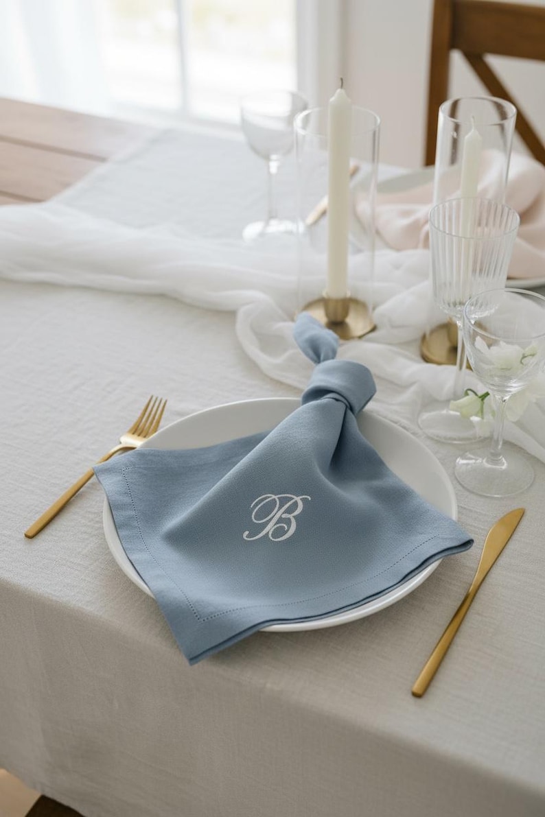 embroidered linen napkin personalized monogram napkin wedding table decor luxury dinner table napkin display custom last name initial napkin embroidered cloth napkin wedding reception tablescape bridal shower table decor baby shower table setting thanksgiving dinner table decor christmas dining table napkins housewarming gift personalized home decor wedding gift newlywed gift rehearsal dinner table display elegant linen napkins hostess gift custom embroidered napkins heirloom table linen luxury