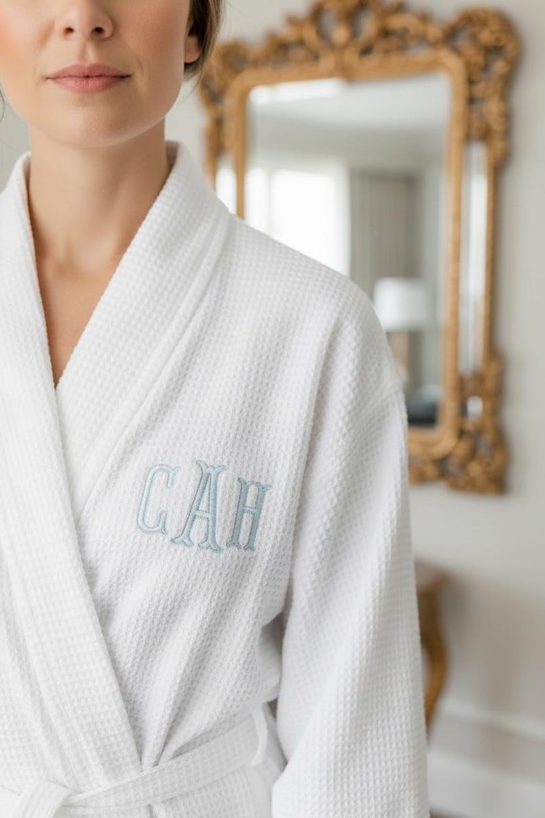 embroidered monogram waffle knit bridal robe personalized bride getting ready outfit custom initial bridesmaid robe wedding morning makeup cover up lightweight spa robe bachelorette party matching robes bridal party gift for her girl weekend spa robe custom wedding day loungewear monogrammed bridesmaid proposal gift white bridal shower gift personalized wedding keepsake robe custom embroidered initial robe custom initial for bride bridesmaid bachelorette party girl weekend matching robes gifts