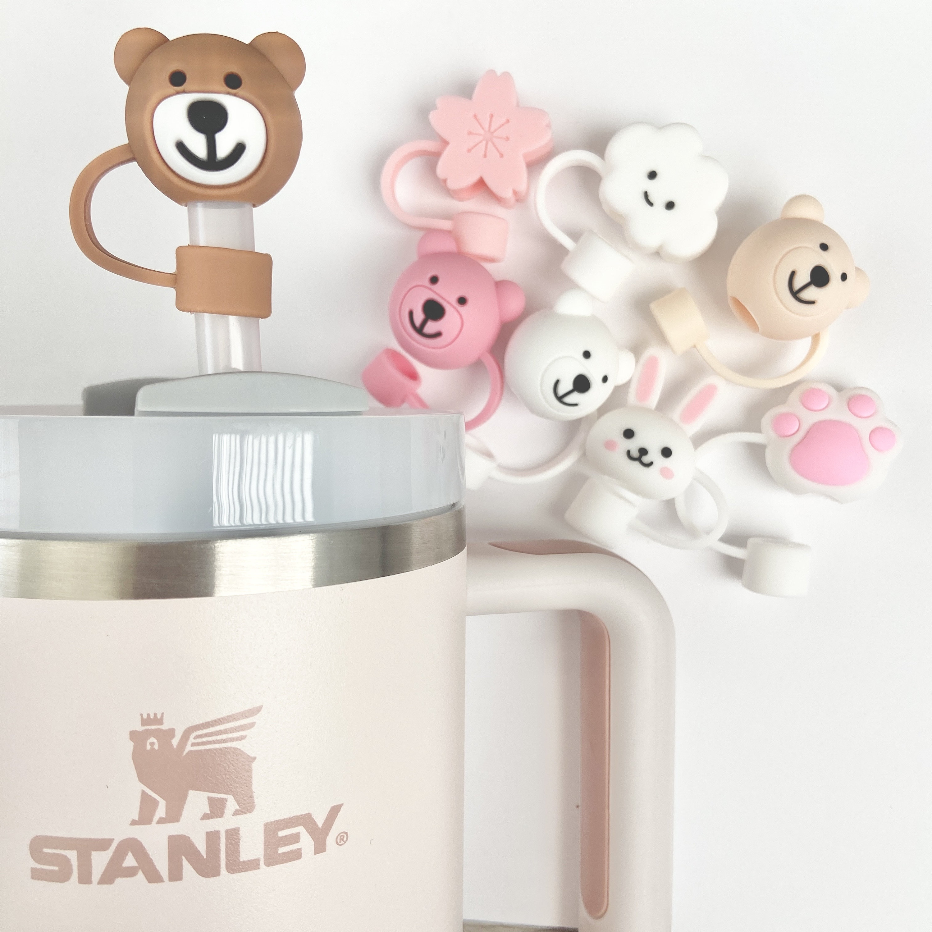 Pack Of 3 Bear Straw Cover Silicone For Stanley Cup 40 Oz, Cartoon Soft  Straw Tips Lid(3 Colours)
