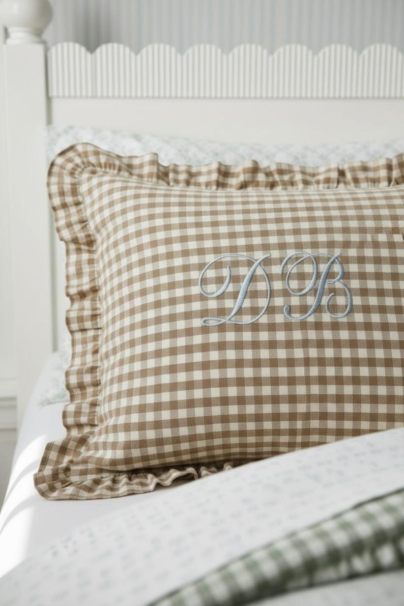 personalized gingham pillow sham custom monogram pillow embroidered initial decor ruffle edge pillow preppy bedroom accessory girls nursery room decor personalized baby girl room tween girl bedroom decor teen room makeover cottagecore home decor Southern style bedroom pillow personalized daughter room gift granddaughter bedroom gift preppy nursery bedding custom name pillow embroidered name sham gingham accent pillow feminine bedroom decor classic nursery accessory birthday gift vintage nursery