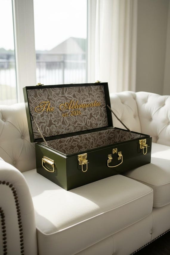 Custom Family Memory Storage Large Metal Keepsake Trunk Grandparent Anniversary Present Engagement Unique Newlywed Sentimental Bridal Box