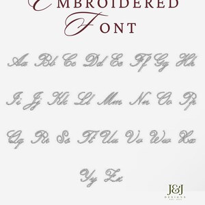 May include: A digital display titled EMBROIDERED FONT in dark red text, showcasing a complete alphabet in a cursive, stitch-like style. Each letter is presented in both uppercase and lowercase, arranged in rows. The J&J DESIGNS EST. 2022 logo is visible.
