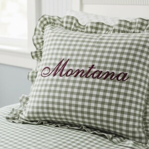 personalized gingham pillow sham custom monogram pillow embroidered initial decor ruffle edge pillow preppy bedroom accessory girls nursery room decor personalized baby girl room tween girl bedroom decor teen room makeover cottagecore home decor Southern style bedroom pillow personalized daughter room gift granddaughter bedroom gift preppy nursery bedding custom name pillow embroidered name sham gingham accent pillow feminine bedroom decor classic nursery accessory birthday gift vintage nursery