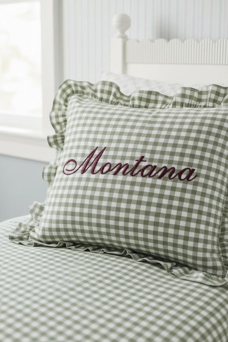 personalized gingham pillow sham custom monogram pillow embroidered initial decor ruffle edge pillow preppy bedroom accessory girls nursery room decor personalized baby girl room tween girl bedroom decor teen room makeover cottagecore home decor Southern style bedroom pillow personalized daughter room gift granddaughter bedroom gift preppy nursery bedding custom name pillow embroidered name sham gingham accent pillow feminine bedroom decor classic nursery accessory birthday gift vintage nursery