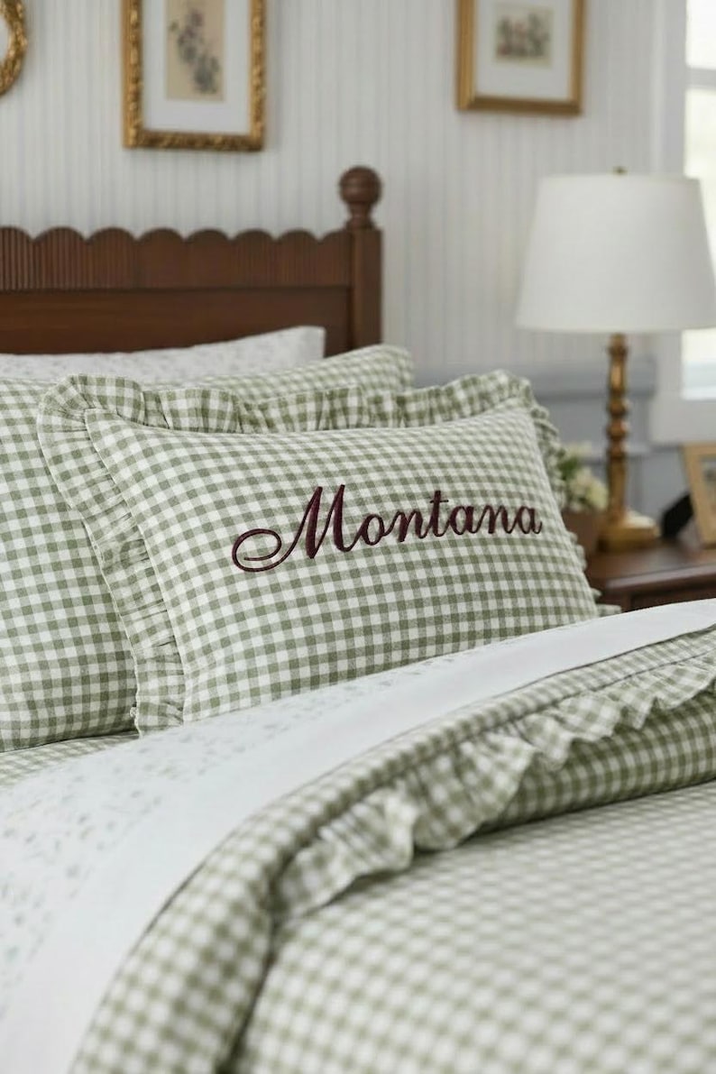 personalized gingham pillow sham custom monogram pillow embroidered initial decor ruffle edge pillow preppy bedroom accessory girls nursery room decor personalized baby girl room tween girl bedroom decor teen room makeover cottagecore home decor Southern style bedroom pillow personalized daughter room gift granddaughter bedroom gift preppy nursery bedding custom name pillow embroidered name sham gingham accent pillow feminine bedroom decor classic nursery accessory birthday gift vintage nursery