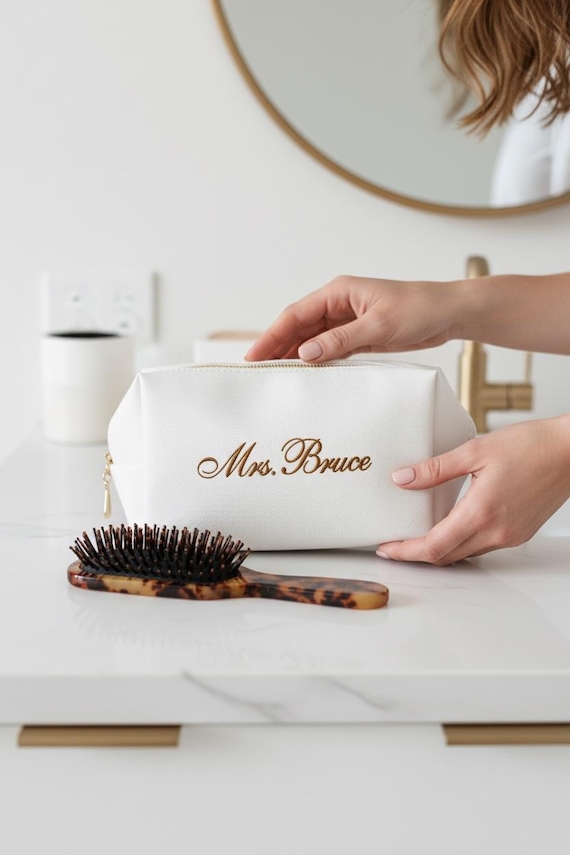 Bride Makeup Bag Wedding Day Get Ready Toiletry Pouch Travel Honeymoon Cosmetic Bag Bridal Party Matching Bag Best Friend Engagement Gift