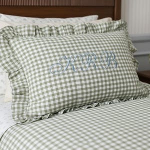 personalized gingham pillow sham custom monogram pillow embroidered initial decor ruffle edge pillow preppy bedroom accessory girls nursery room decor personalized baby girl room tween girl bedroom decor teen room makeover cottagecore home decor Southern style bedroom pillow personalized daughter room gift granddaughter bedroom gift preppy nursery bedding custom name pillow embroidered name sham gingham accent pillow feminine bedroom decor classic nursery accessory birthday gift vintage nursery