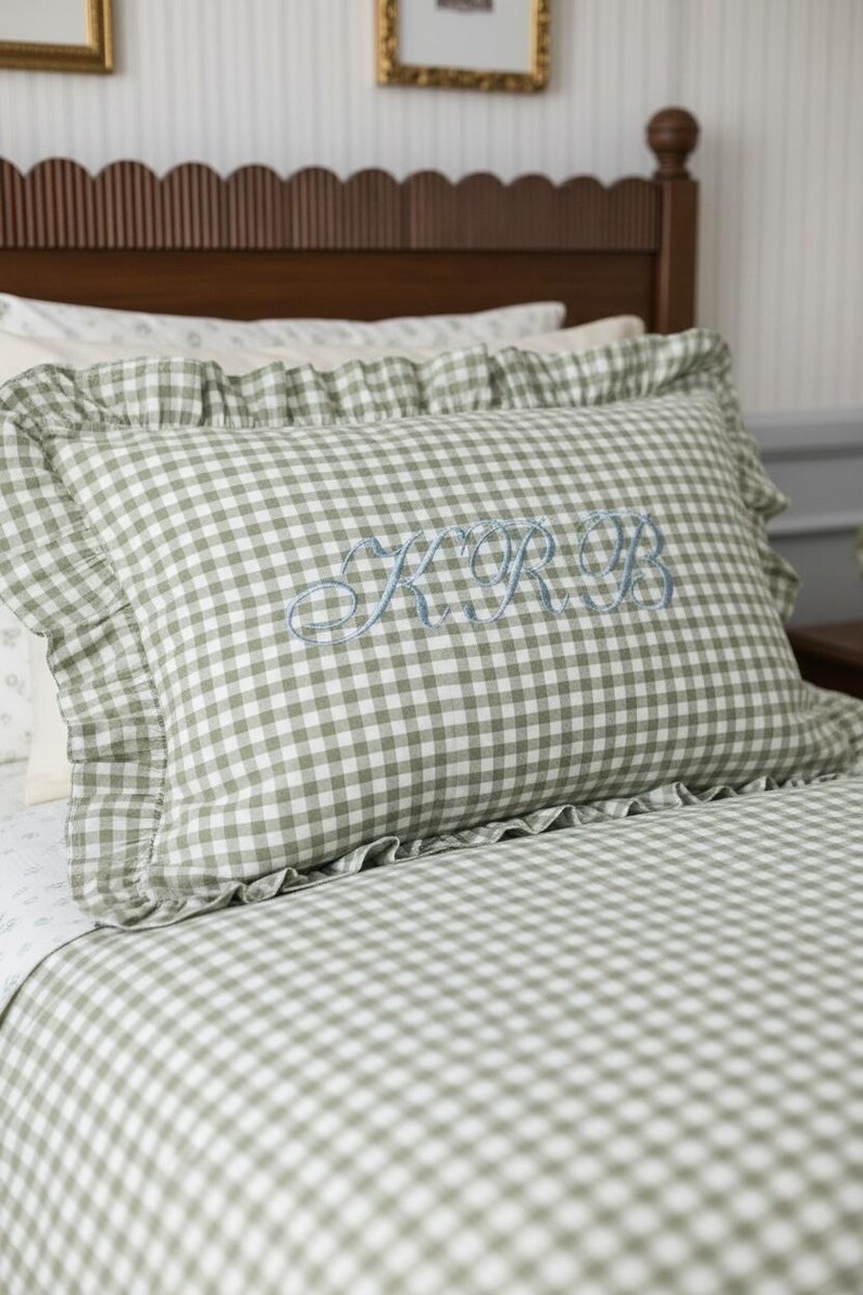 personalized gingham pillow sham custom monogram pillow embroidered initial decor ruffle edge pillow preppy bedroom accessory girls nursery room decor personalized baby girl room tween girl bedroom decor teen room makeover cottagecore home decor Southern style bedroom pillow personalized daughter room gift granddaughter bedroom gift preppy nursery bedding custom name pillow embroidered name sham gingham accent pillow feminine bedroom decor classic nursery accessory birthday gift vintage nursery