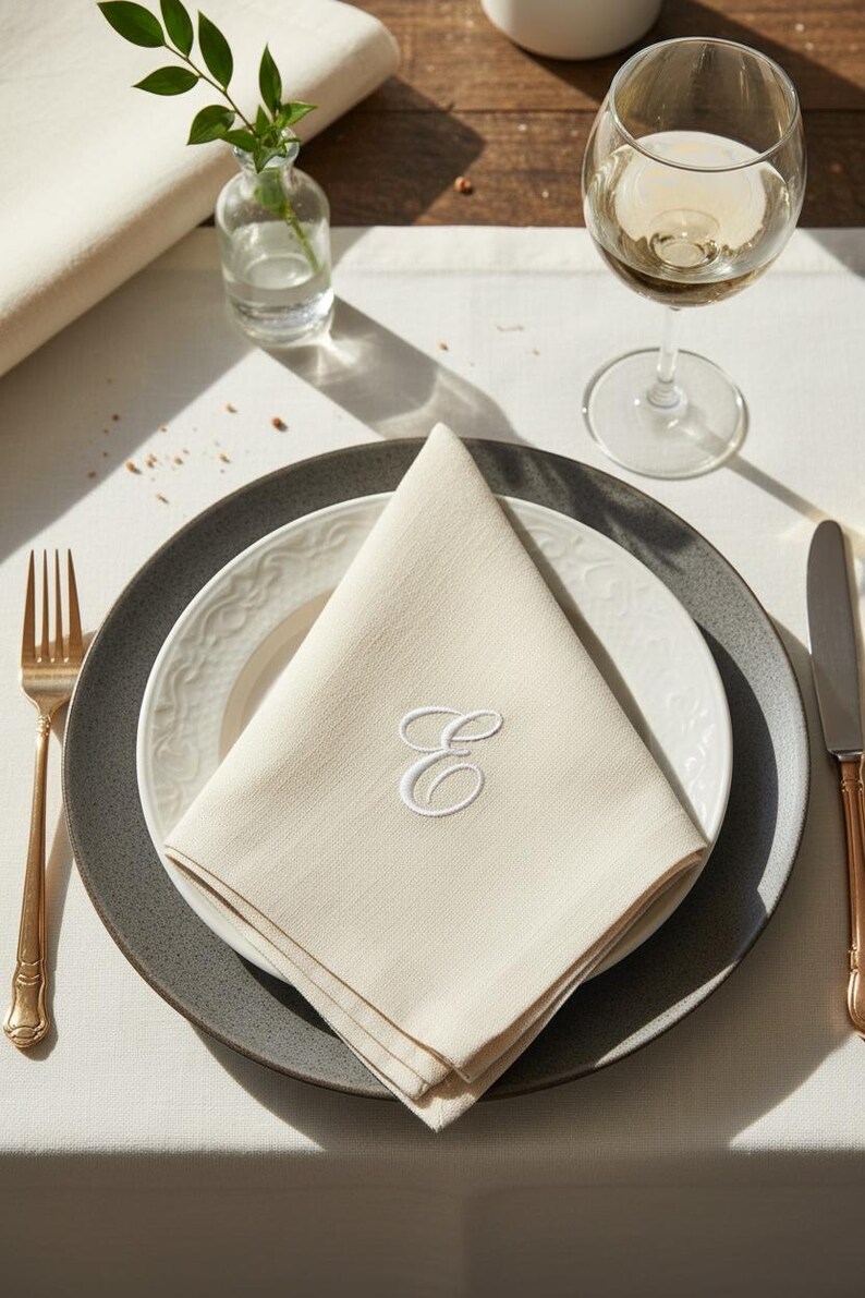 embroidered linen napkin personalized monogram napkin wedding table decor luxury dinner table napkin display custom last name initial napkin embroidered cloth napkin wedding reception tablescape bridal shower table decor baby shower table setting thanksgiving dinner table decor christmas dining table napkins housewarming gift personalized home decor wedding gift newlywed gift rehearsal dinner table display elegant linen napkins hostess gift custom embroidered napkins heirloom table linen luxury