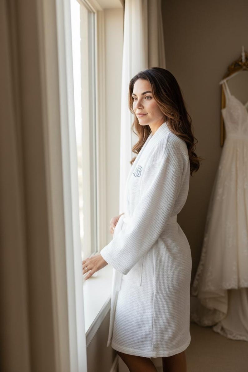 embroidered monogram waffle knit bridal robe personalized bride getting ready outfit custom initial bridesmaid robe wedding morning makeup cover up lightweight spa robe bachelorette party matching robes bridal party gift for her girl weekend spa robe custom wedding day loungewear monogrammed bridesmaid proposal gift white bridal shower gift personalized wedding keepsake robe custom embroidered initial robe custom initial for bride bridesmaid bachelorette party girl weekend matching robes gifts