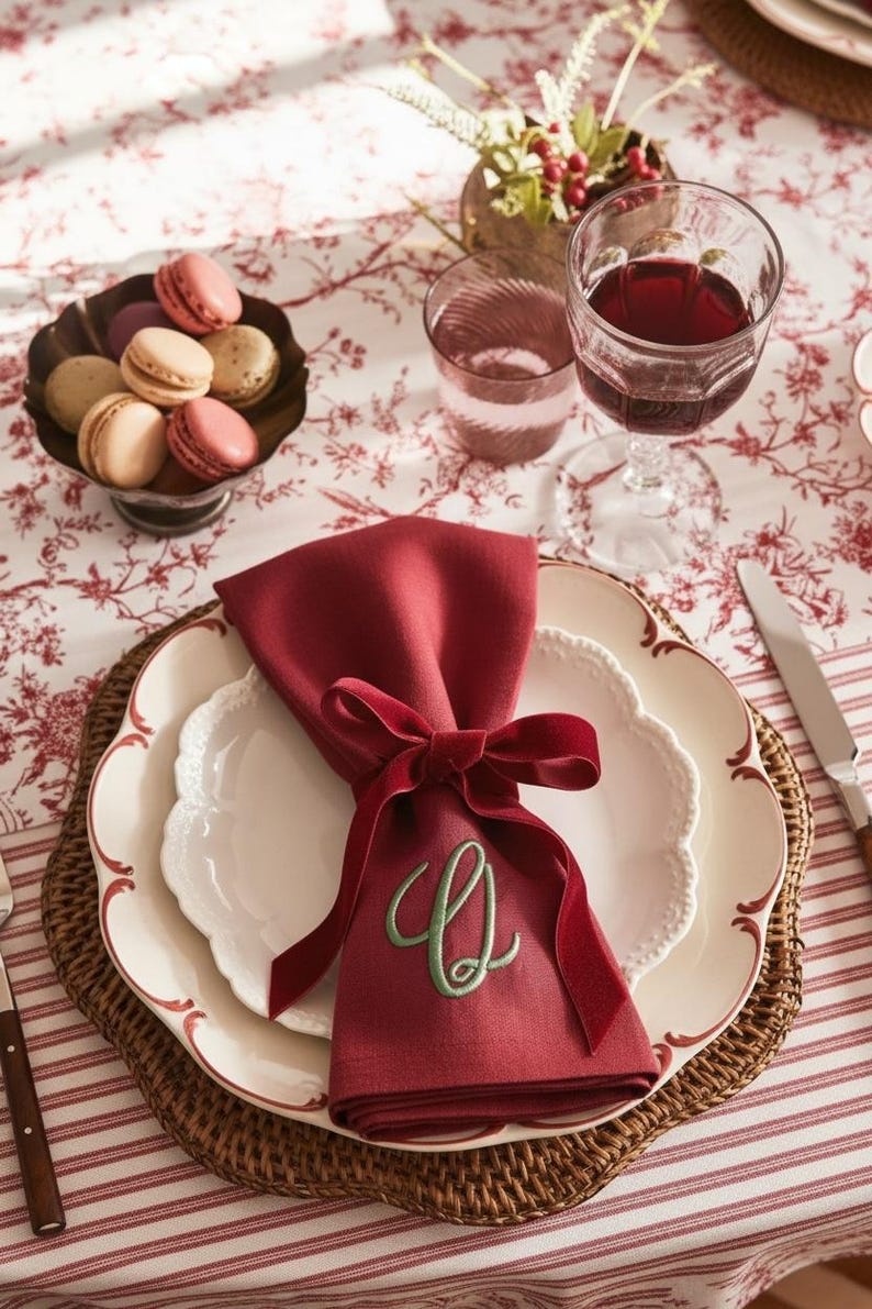 embroidered linen napkin personalized monogram napkin wedding table decor luxury dinner table napkin display custom last name initial napkin embroidered cloth napkin wedding reception tablescape bridal shower table decor baby shower table setting thanksgiving dinner table decor christmas dining table napkins housewarming gift personalized home decor wedding gift newlywed gift rehearsal dinner table display elegant linen napkins hostess gift custom embroidered napkins heirloom table linen luxury