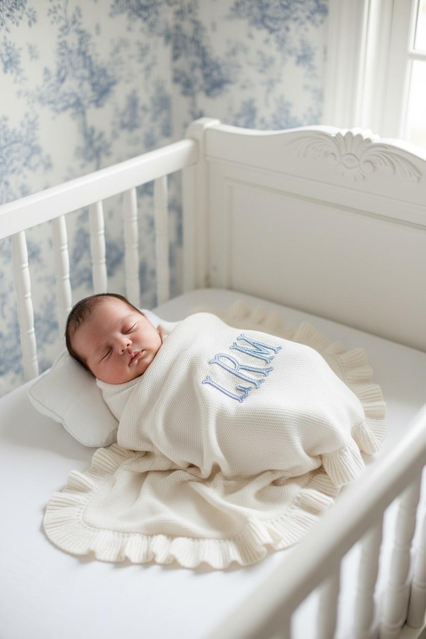 Embroider Baby Blanket Monogram Infant Gift Personalized Newborn Baby Shower Keepsake New Mom Gift Grandson Throw Blanket Name Announcement