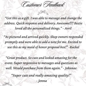 May include: A white background with a floral pattern and text that reads "10K+ POSITIVE REVIEWS Customer Feedback." Several customer reviews are included, praising the product's quality, responsiveness, and personalization.