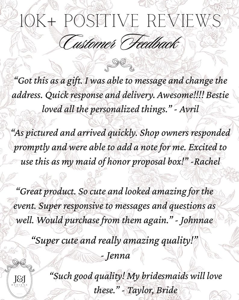 May include: A white background with a floral pattern and text that reads "10K+ POSITIVE REVIEWS Customer Feedback." Several customer reviews are included, praising the product's quality, responsiveness, and personalization.