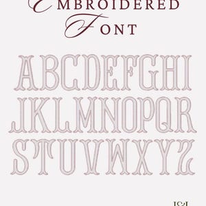 May include: A digital display of the English alphabet in an embroidered font style. The letters are light pink with a darker pink outline, arranged in three rows. The text "EMBROIDERED FONT" appears at the top, and "J&J DESIGNS EST 2021" is at the bottom.