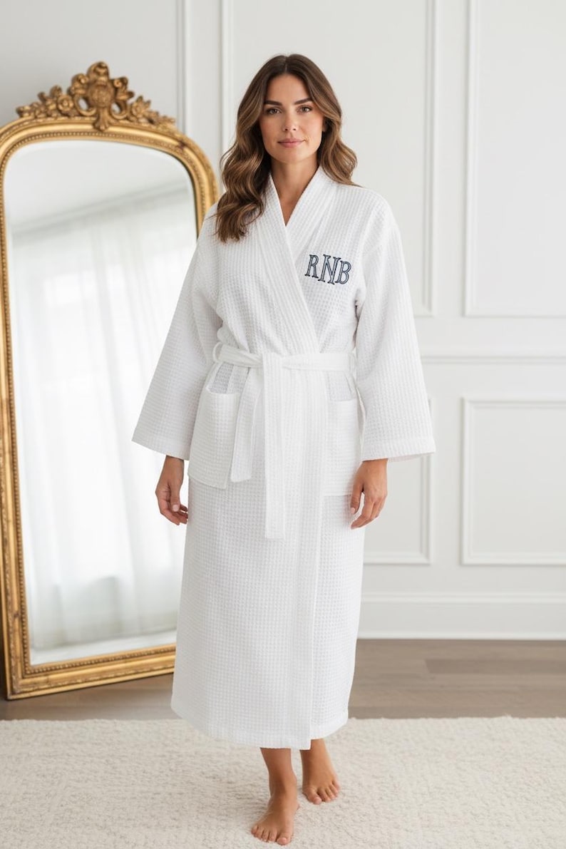 embroidered monogram waffle knit bridal robe personalized bride getting ready outfit custom initial bridesmaid robe wedding morning makeup cover up lightweight spa robe bachelorette party matching robes bridal party gift for her girl weekend spa robe custom wedding day loungewear monogrammed bridesmaid proposal gift white bridal shower gift personalized wedding keepsake robe custom embroidered initial robe custom initial for bride bridesmaid bachelorette party girl weekend matching robes gifts